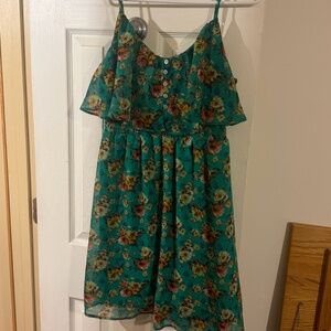XHILARATION DRESS - GREEN FLORAL RUFFLE SPAGHETTI STRAP MINI ABOVE KNEE large